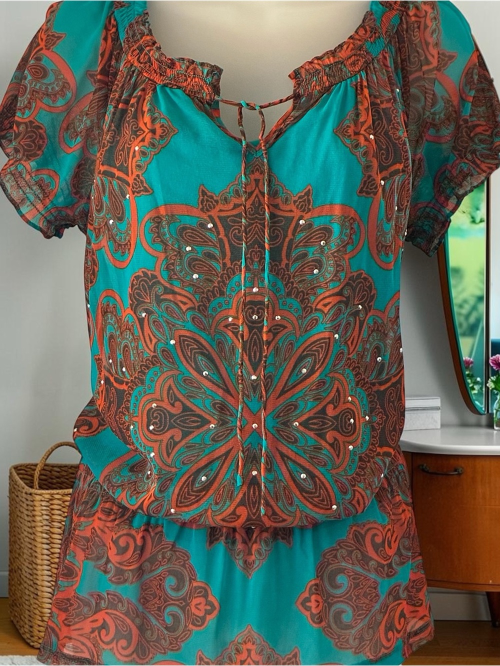 INC International Concepts Teal and Rust Boho Peasant Blouse